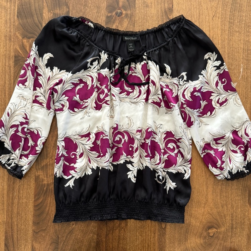 White House Black Market 100% Silk Women’s Size Medium Peasant Style Top